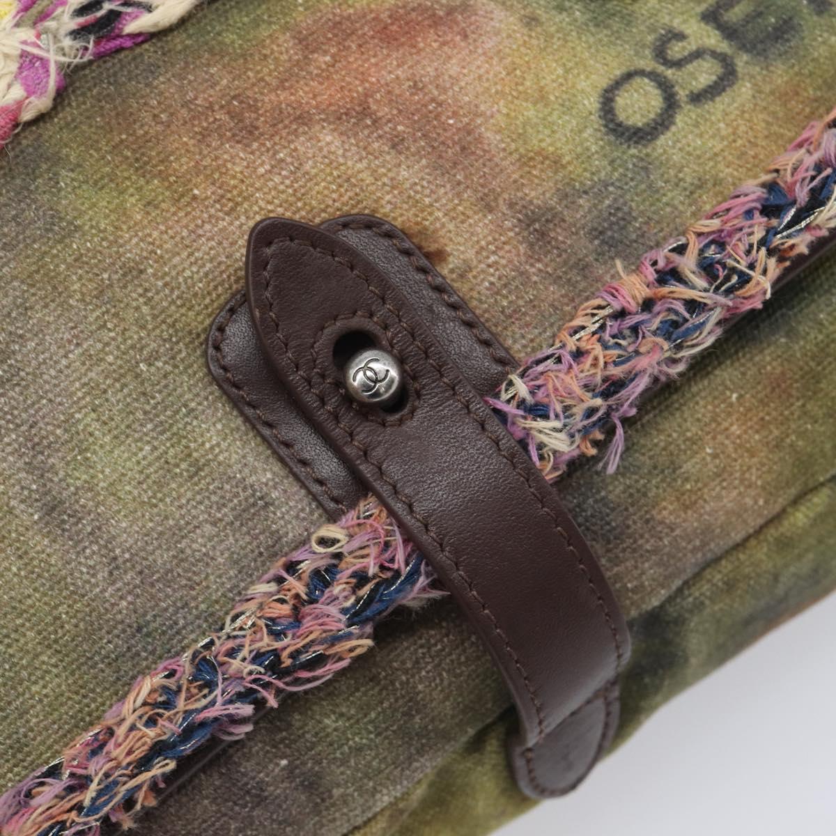 CHANEL Embroidery Graffiti Messenger bag Canvas Khaki Silver CC Auth 121518SM