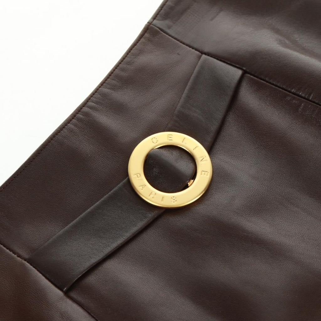 CELINE Skirt Lamb Skin Brown Gold Auth 161571V