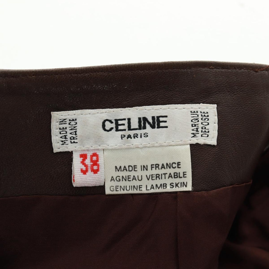 CELINE Skirt Lamb Skin Brown Gold Auth 161571V