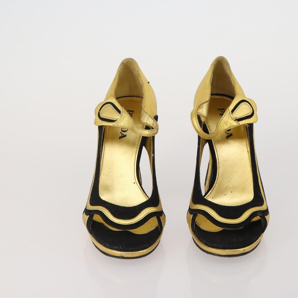 CELINE PRADA Sandals Leather 2 Set Beige Gold Auth 193715