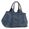 PRADA Canapa MM Hand Bag Denim Blue Gold Auth 201344