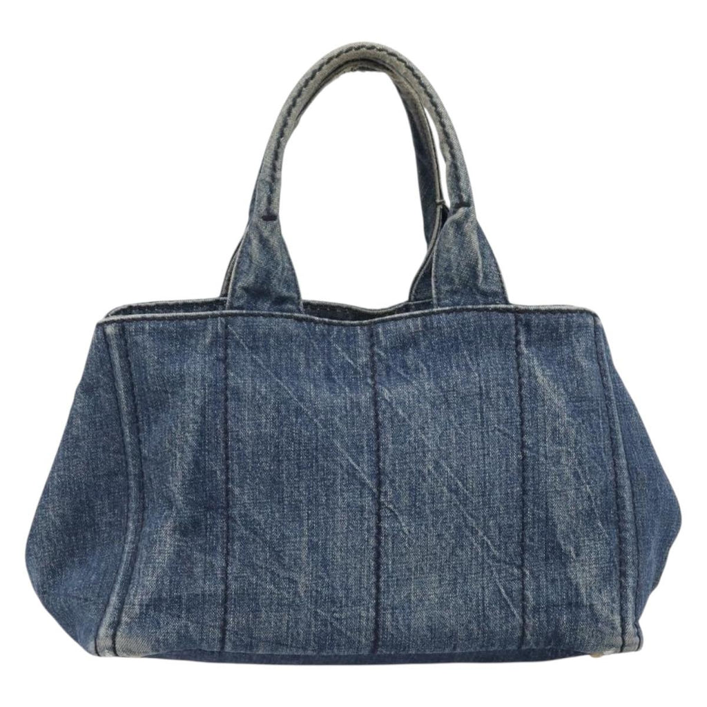 PRADA Canapa MM Hand Bag Denim Blue Gold Auth 201344