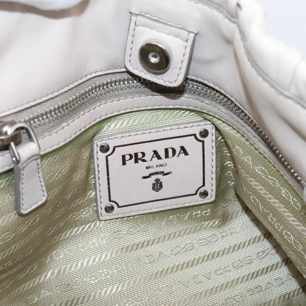 PRADA Gathered Hand Bag Leather 2way Beige Silver Auth 201361V