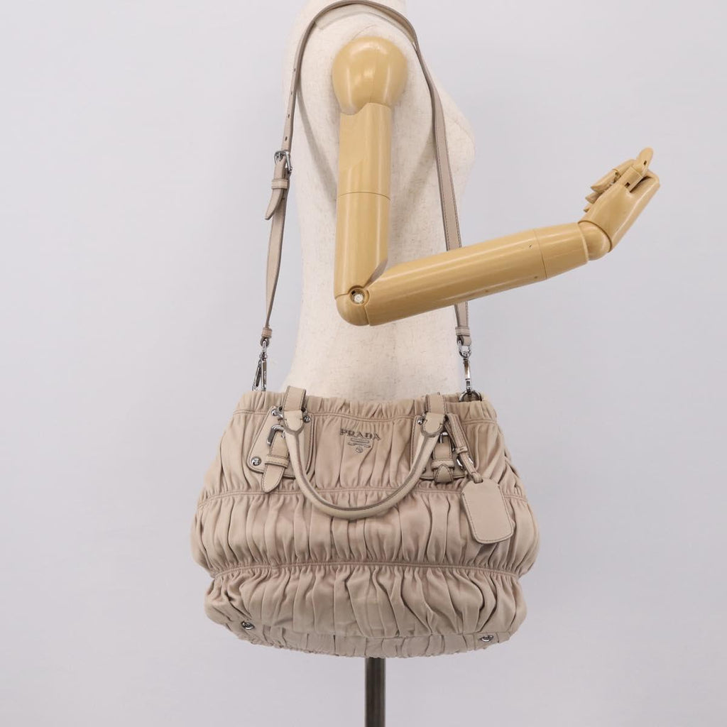PRADA Gathered Hand Bag Leather 2way Beige Silver Auth 201361V