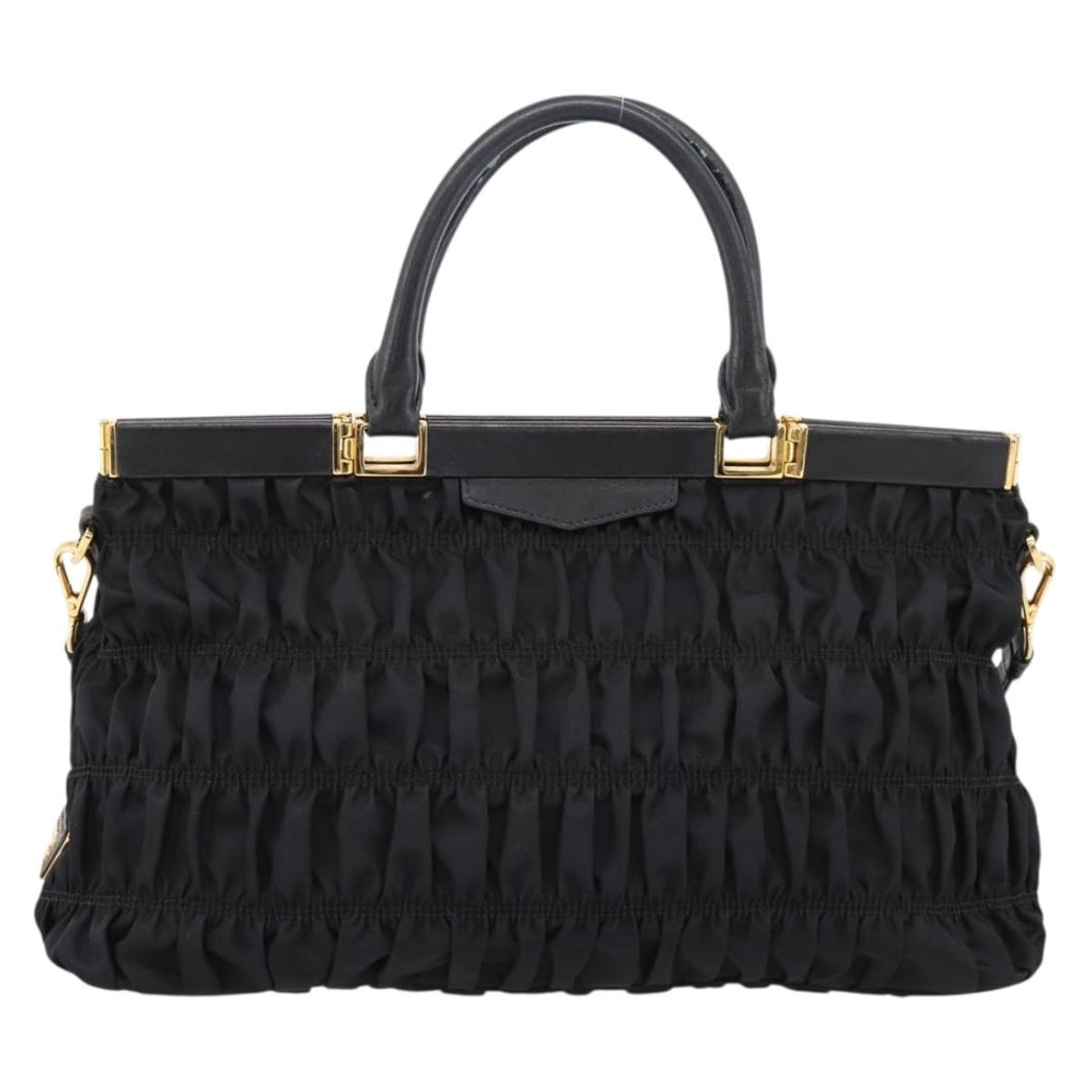 PRADA Gathered Hand Bag Nylon 2way Black Gold Auth 202889A