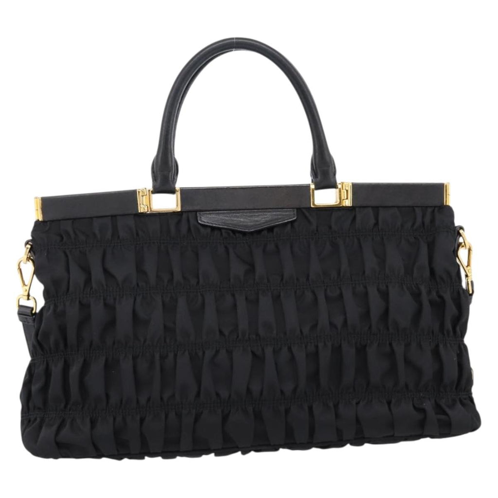 PRADA Gathered Hand Bag Nylon 2way Black Gold Auth 202889A