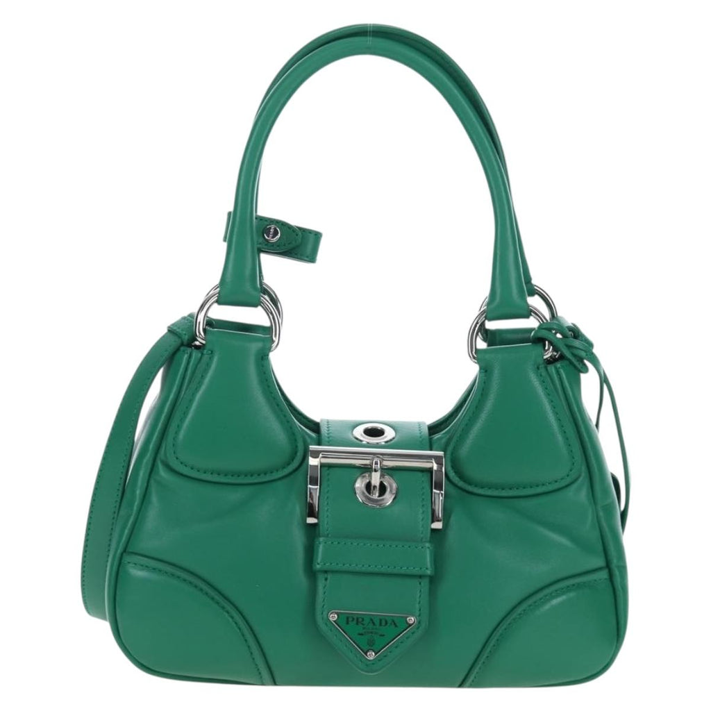PRADA Moon Paddock Hand Bag Leather 2way Green Silver Auth 203196SAM