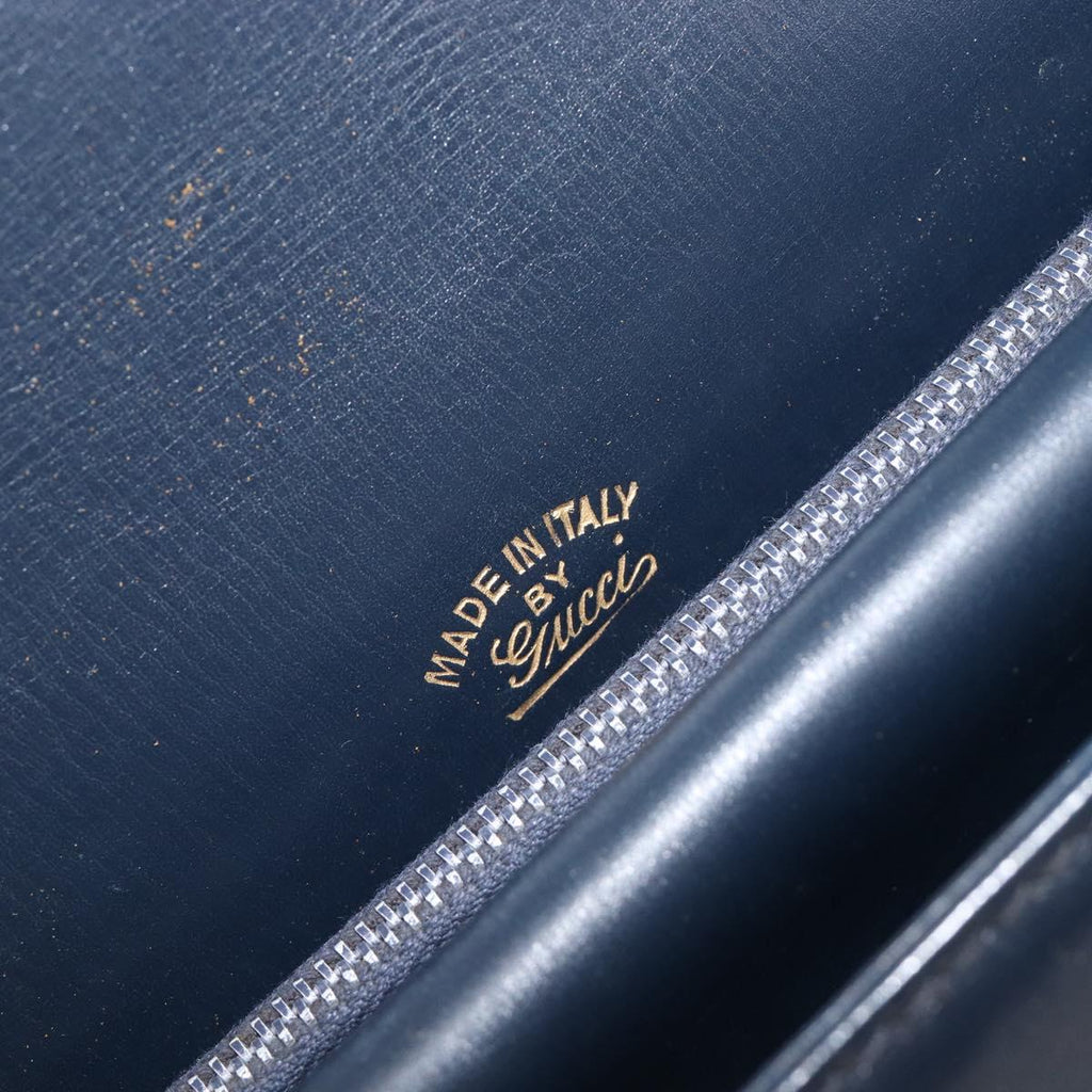 GUCCI Hand Bag Leather Navy Gold Auth 203834
