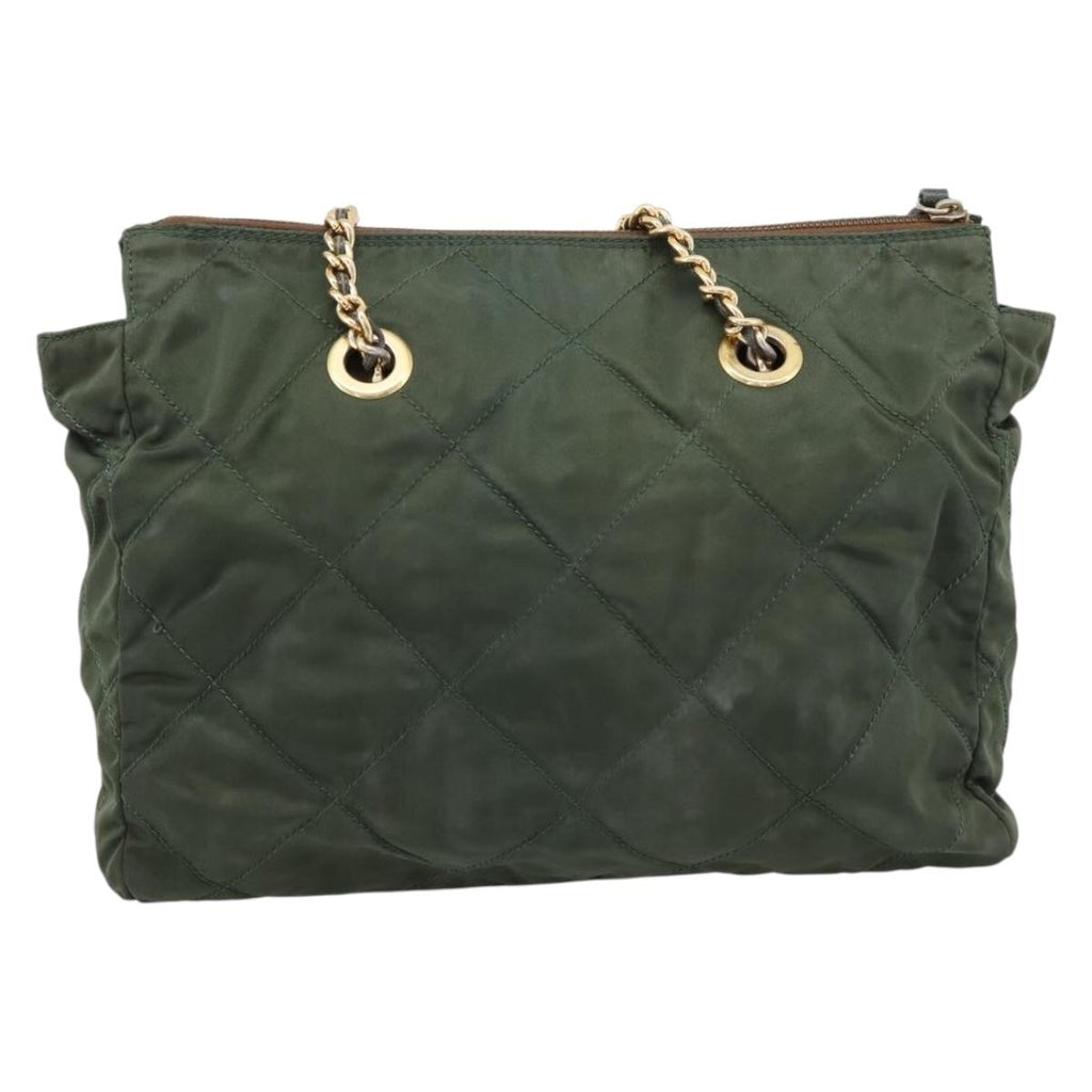 PRADA Chain Shoulder Bag Nylon Khaki Gold Auth 203875