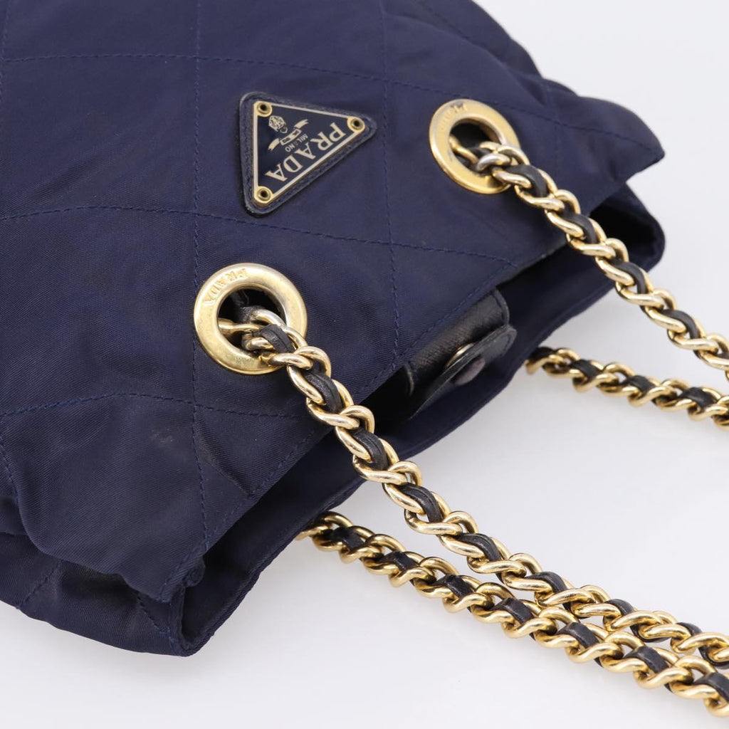 PRADA Chain Shoulder Bag Nylon Navy Gold Auth 203877