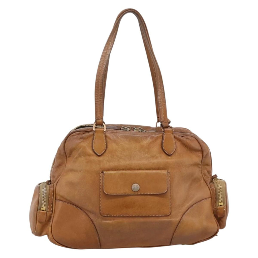 PRADA Tote Bag Leather Beige Gold Auth 204306