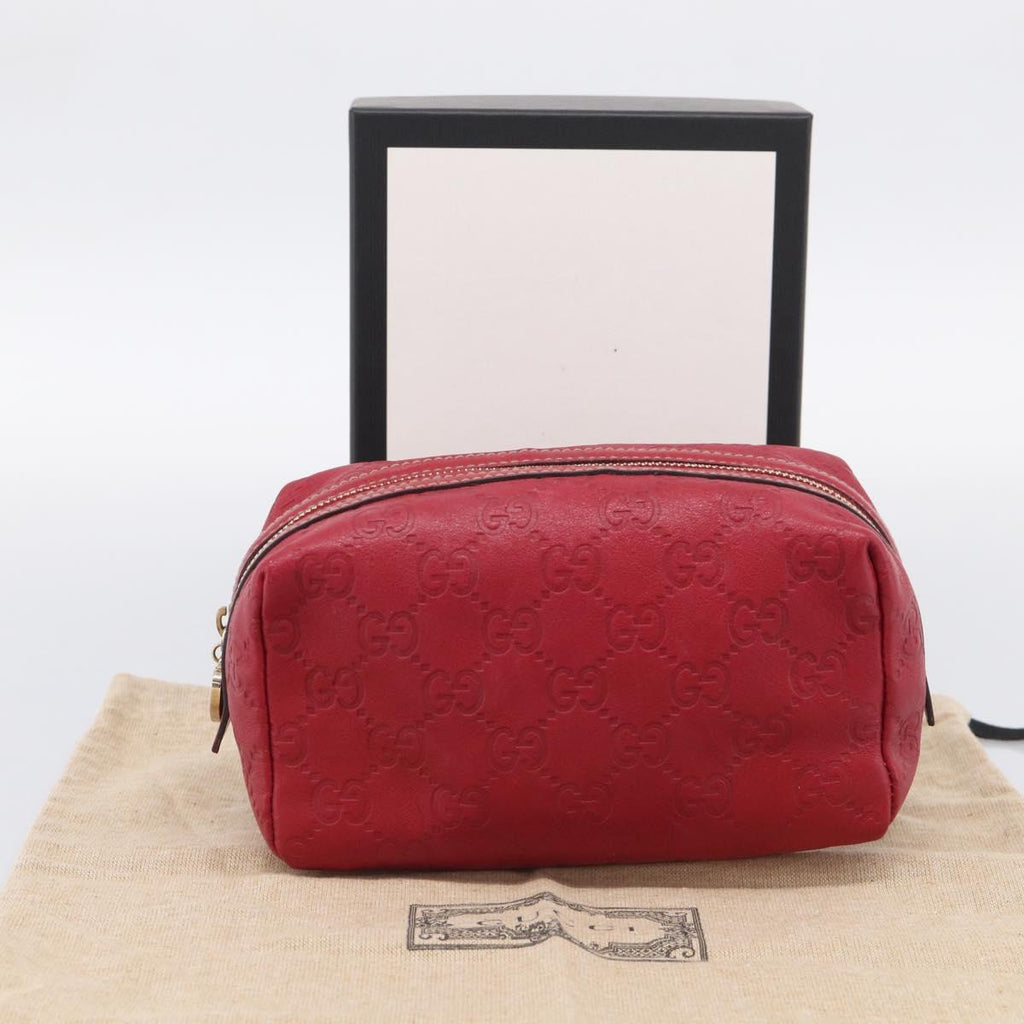 GUCCI GuccissimaGG Cosmetics Pouch Leather Red Gold Tone 153227 Auth 204633V