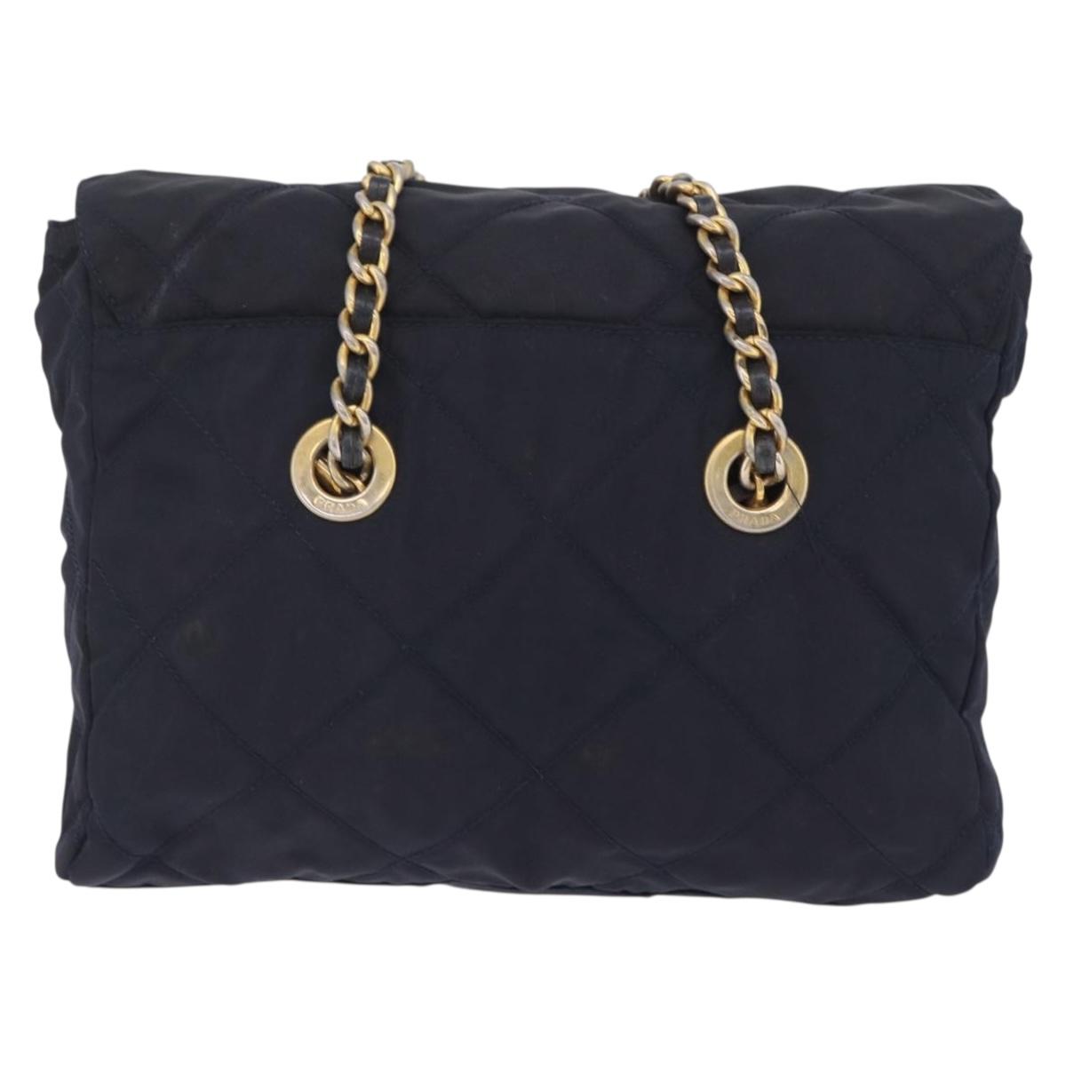PRADA Chain Shoulder Bag Nylon Navy Gold Auth 206423