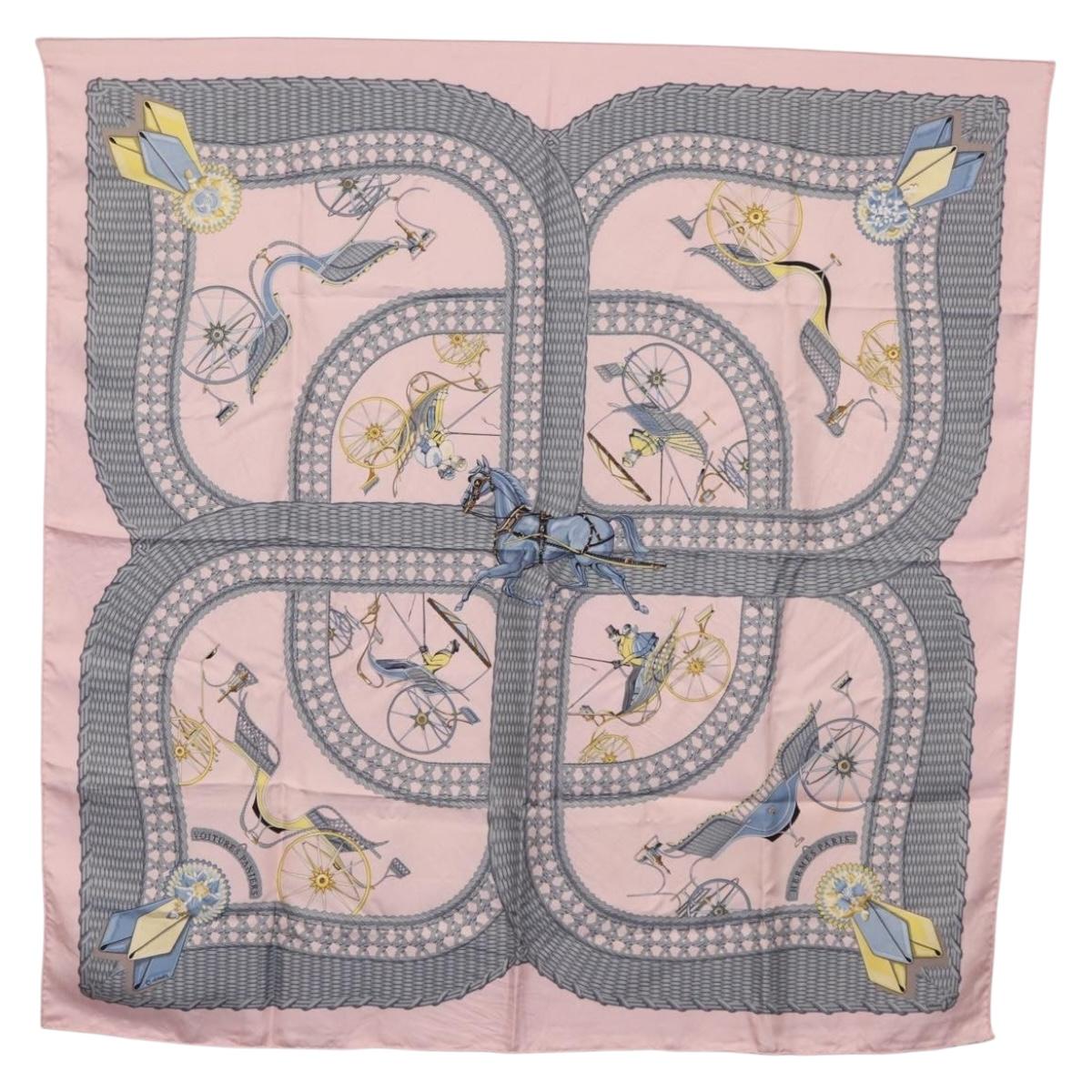 HERMES Carre 90 Scarf ”V0ITURES PANIERS” Silk Pink Auth 206429