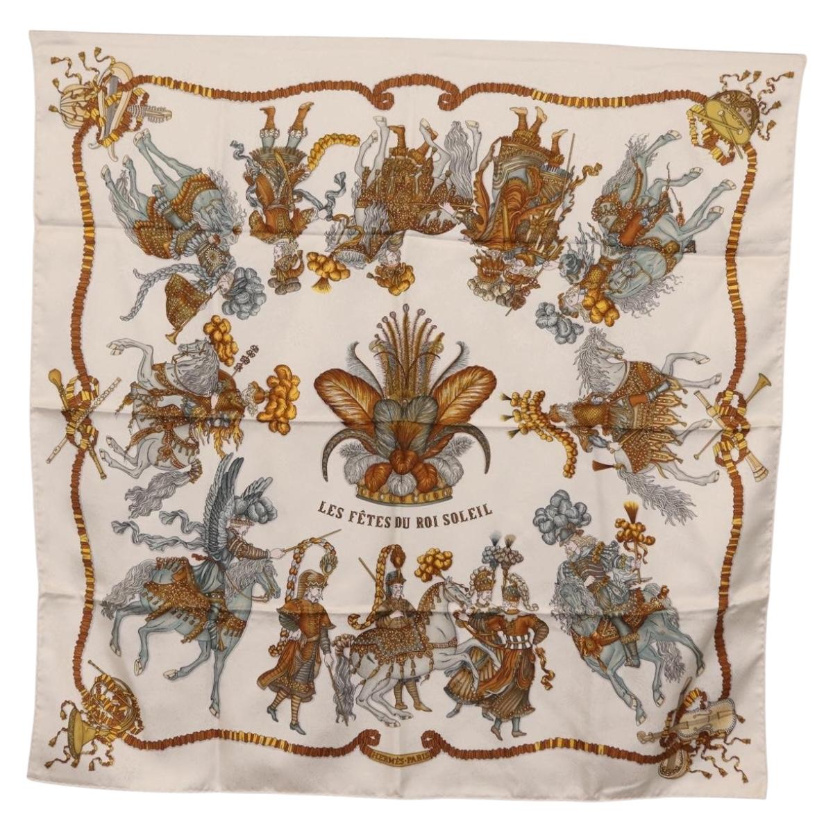 HERMES Carre 90 Scarf ”LES FETES DU ROI SOLEIL” Silk White Auth 206431