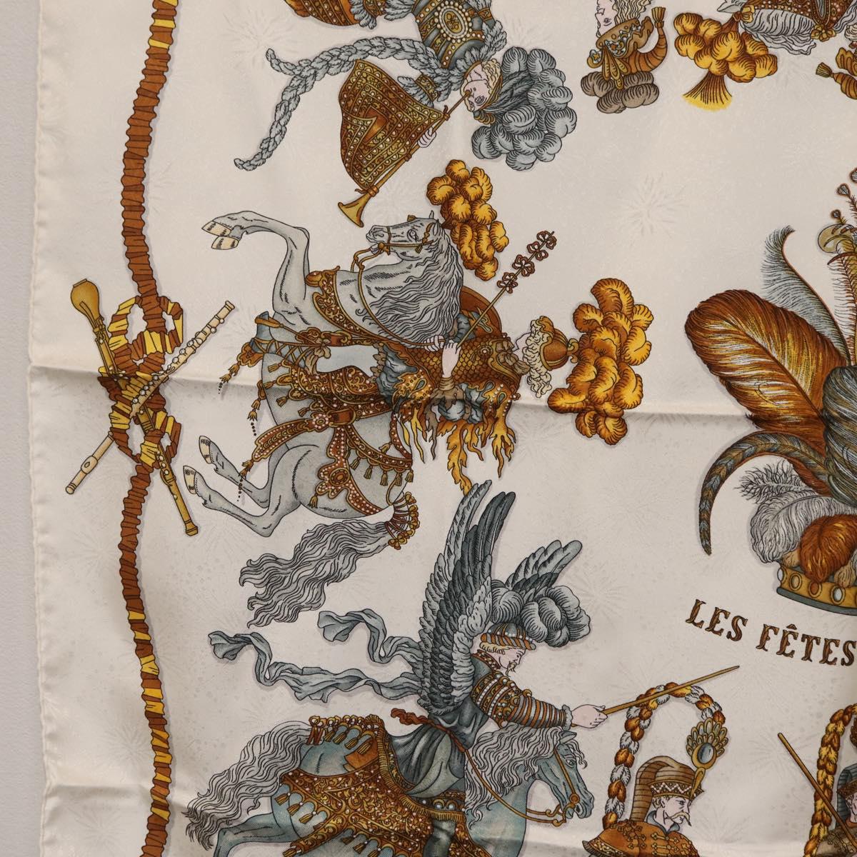 HERMES Carre 90 Scarf ”LES FETES DU ROI SOLEIL” Silk White Auth 206431