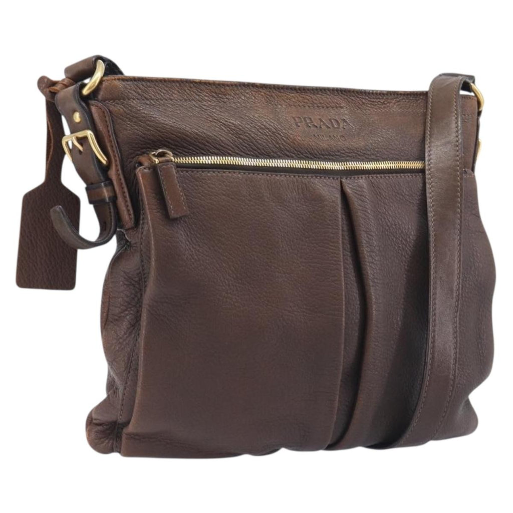 PRADA Shoulder Bag Leather Brown Gold Auth 206575