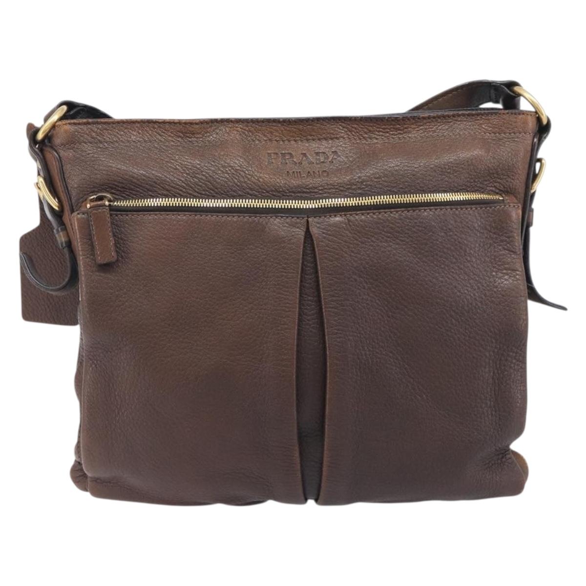 PRADA Shoulder Bag Leather Brown Gold Auth 206575