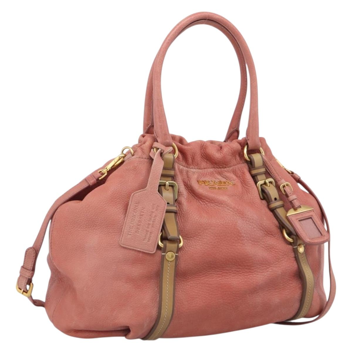 PRADA Hand Bag Vittero Dino Leather 2way Pink Gold Auth 207141A