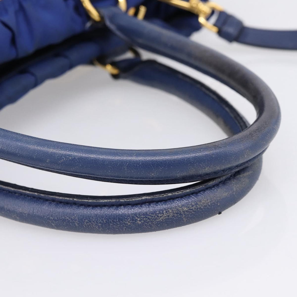 PRADA Gathered Hand Bag Nylon 2way Blue Gold Auth 207154A