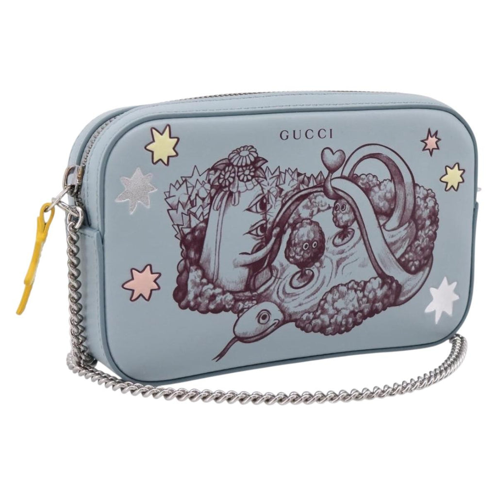 GUCCI Yuko Higuchi Chain Shoulder Bag Leather Light Blue 860648 Auth 207306M