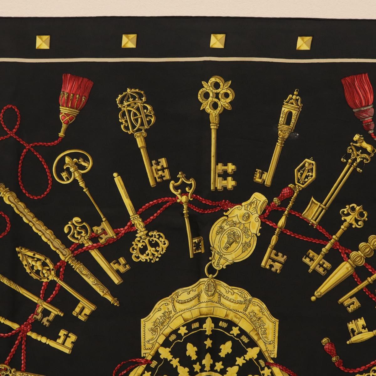 HERMES Carre 90 Scarf ""LES CLES"" Silk Black Auth 207504