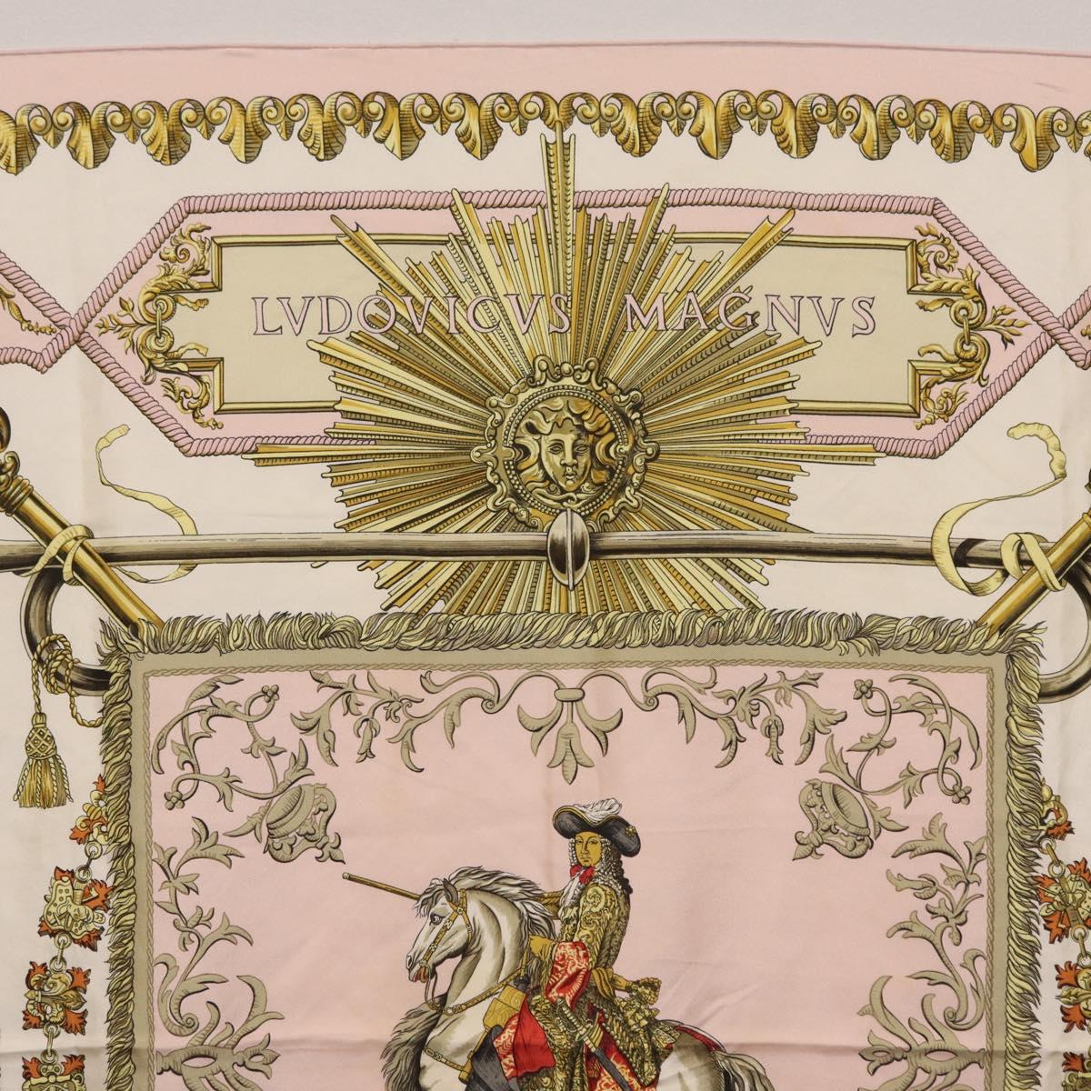 HERMES Carre 90 Scarf ""LVDOVICVS MAGNVS"" Silk Pink Auth 207508