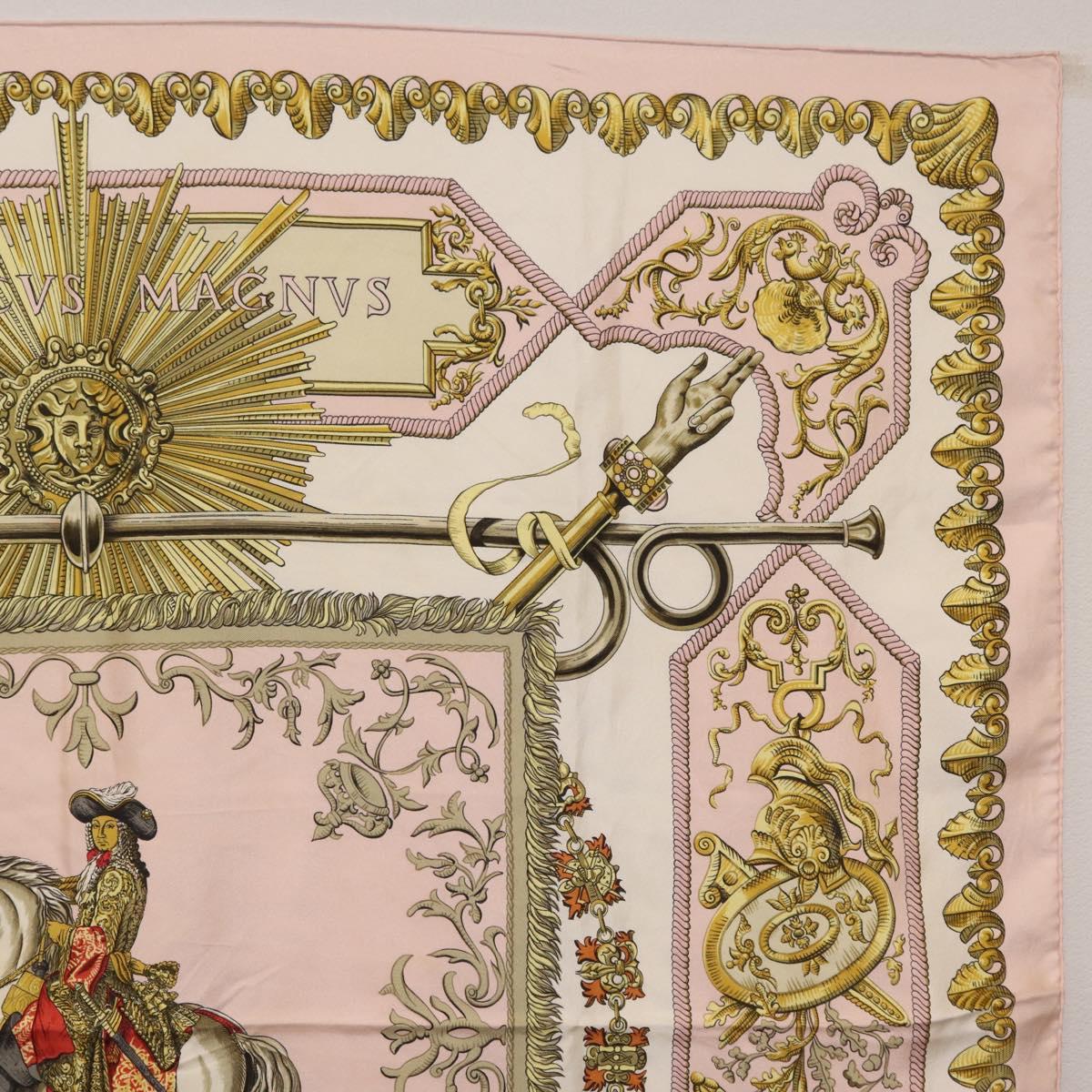 HERMES Carre 90 Scarf ""LVDOVICVS MAGNVS"" Silk Pink Auth 207508