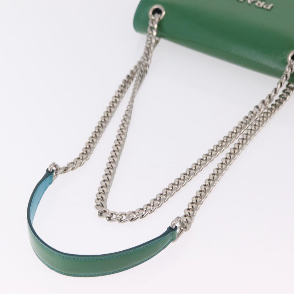 PRADA Chain Shoulder Bag Safiano Leather Green Silver Auth 207634V