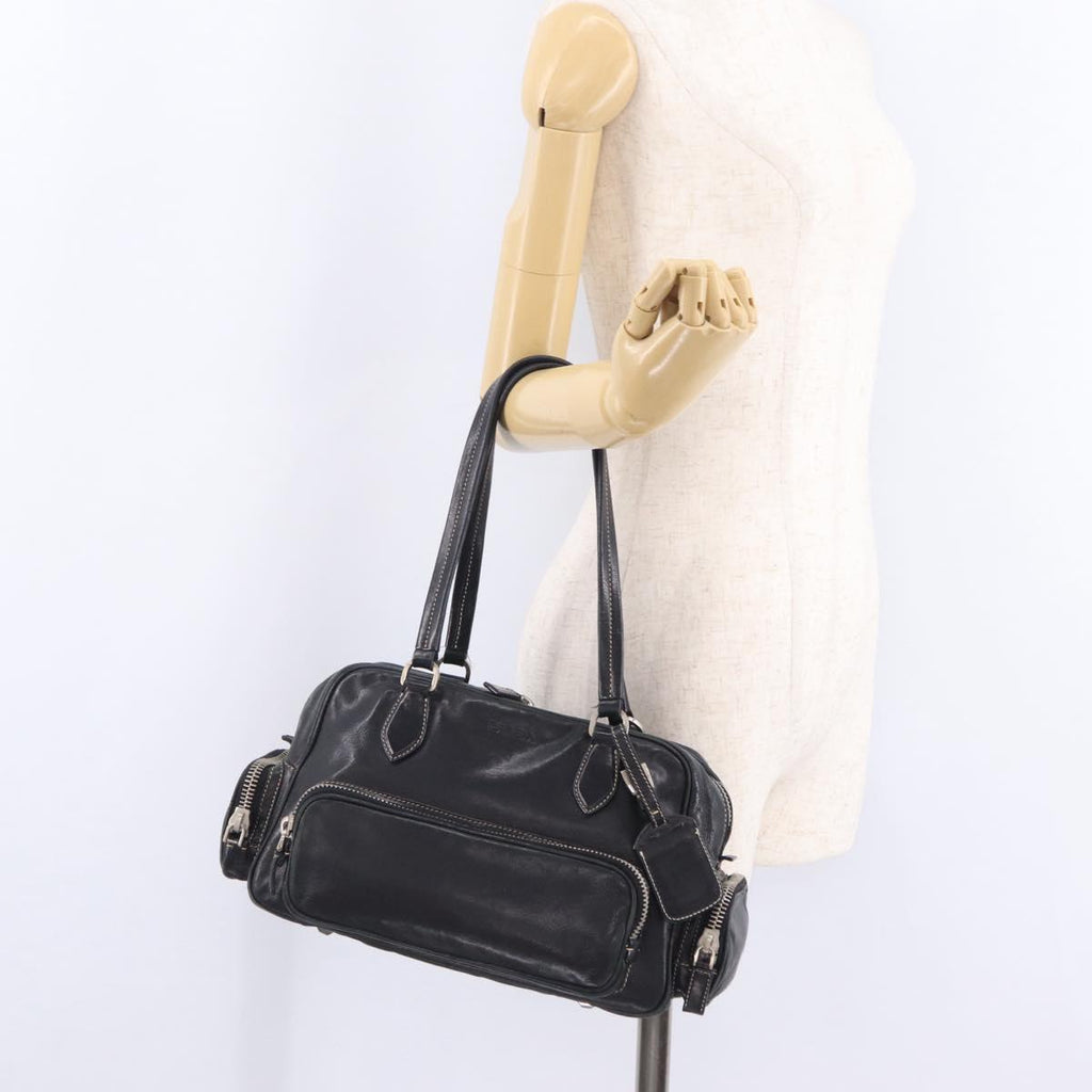 PRADA Hand Bag Leather Black Silver Auth 207680