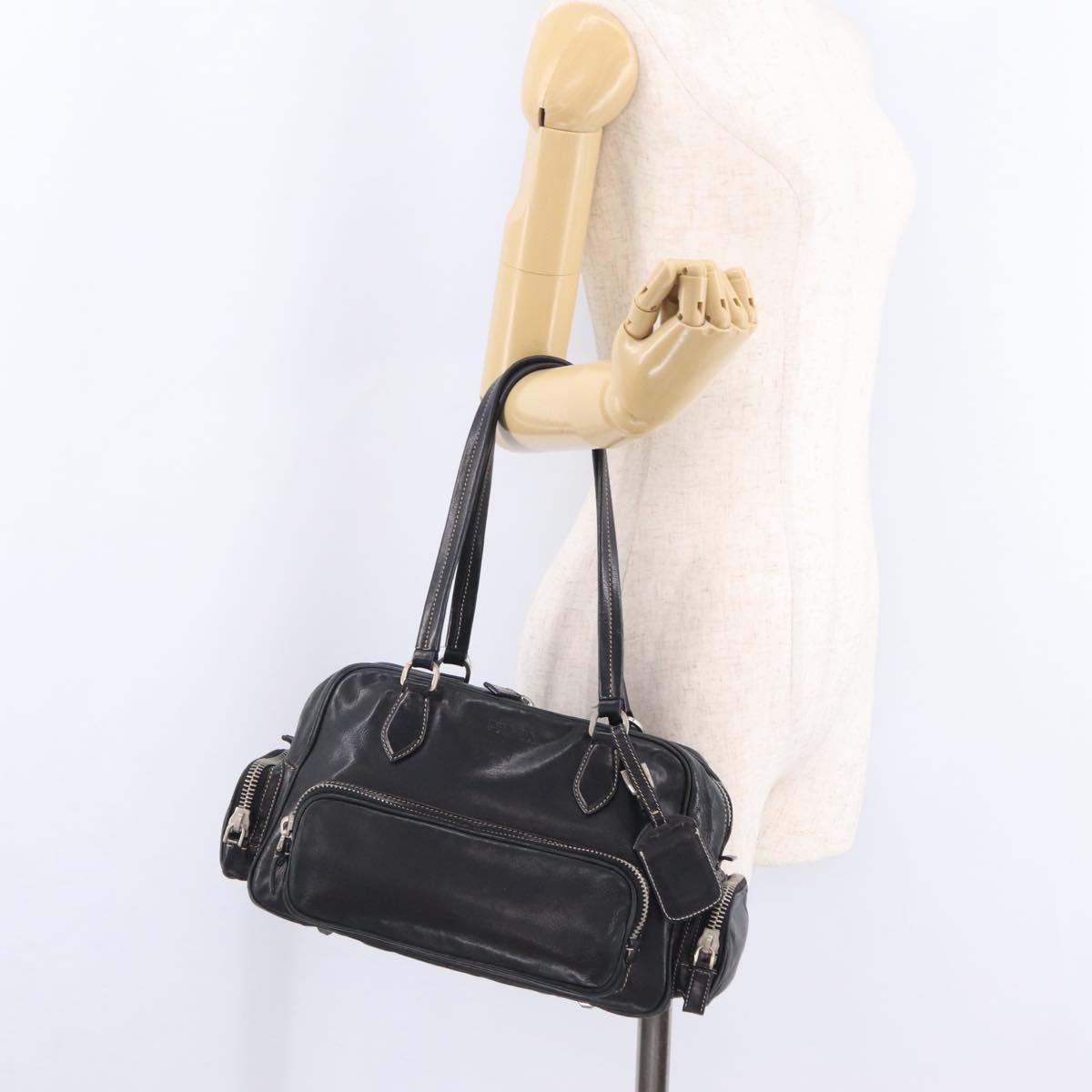 PRADA Hand Bag Leather Black Silver Auth 207680