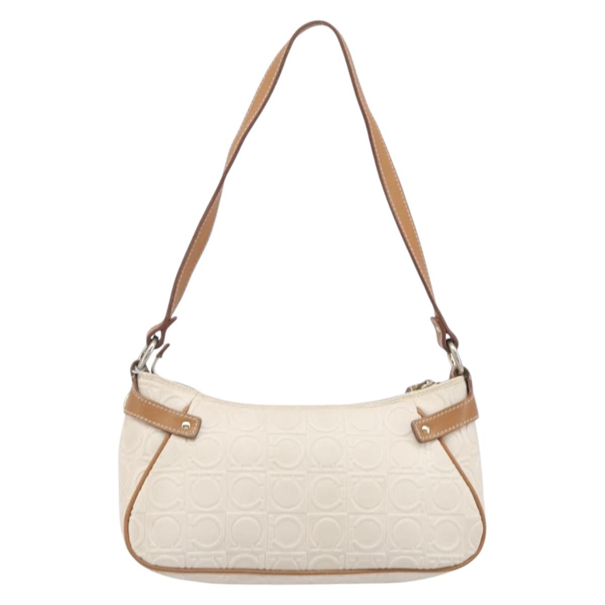 Salvatore Ferragamo Gancini Accessory Pouch PVC Leather Ivory Silver Auth 207879