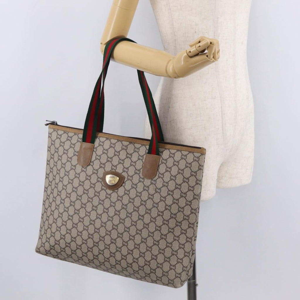 GUCCI GG Plus Supreme Web Sherry Line Tote Bag PVC Beige Gold Auth 207895