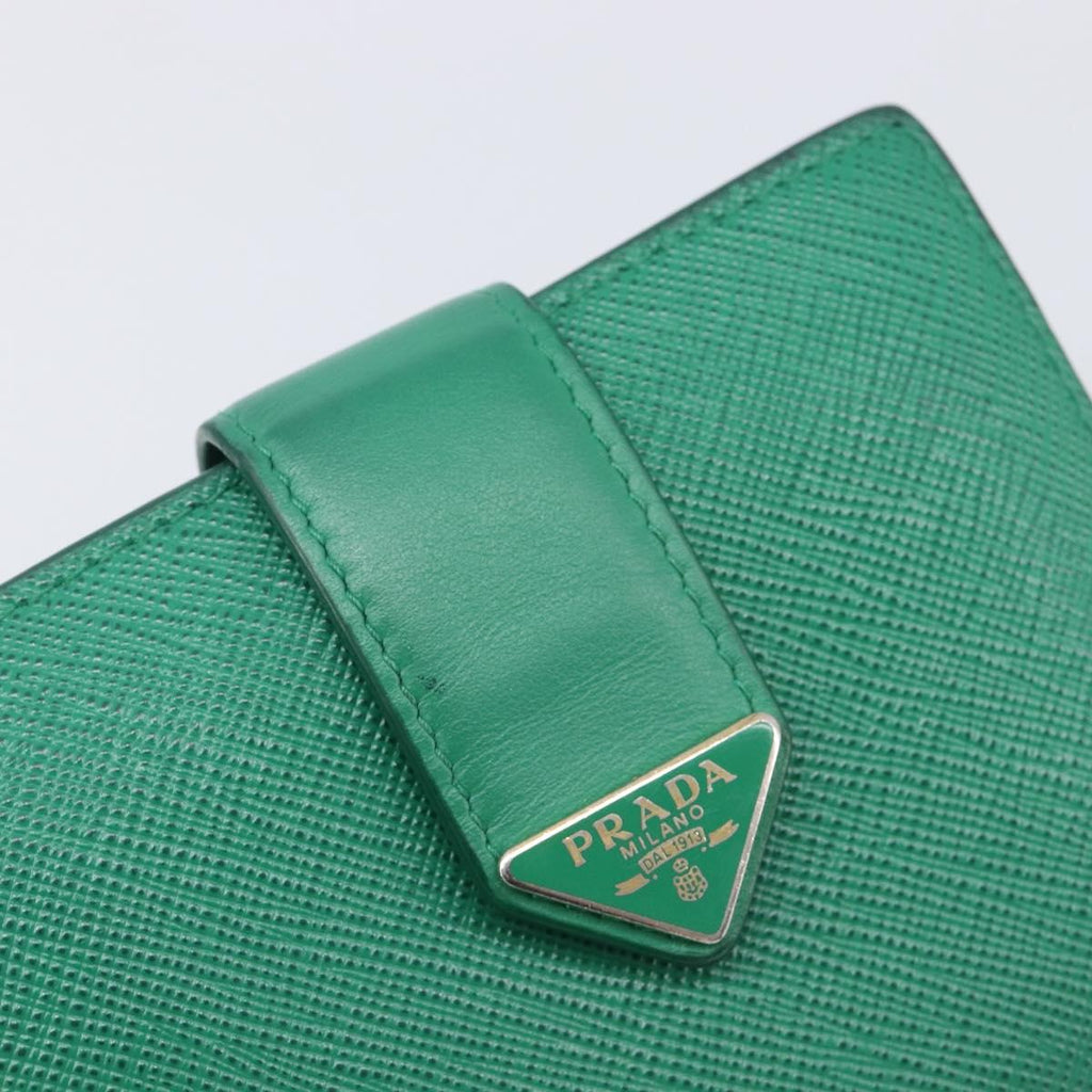 PRADA Compact Wallet Saffiano leather Green Gold Tone Auth 208099V
