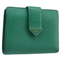 PRADA Compact Wallet Saffiano leather Green Gold Tone Auth 208099V