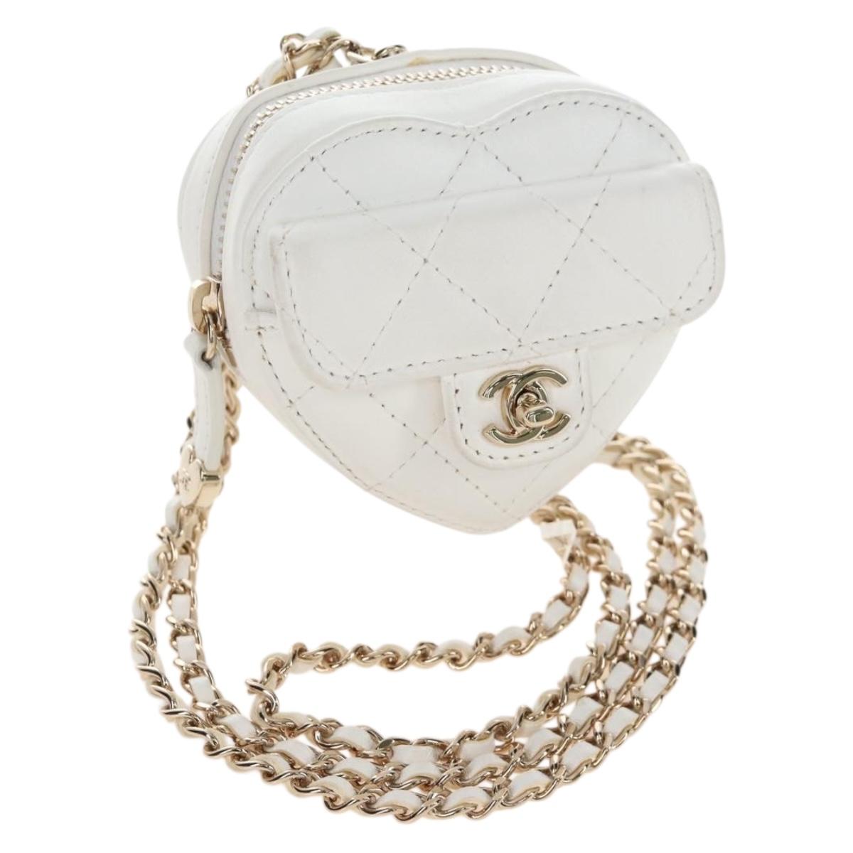 CHANEL Matelasse Chain Shoulder Pouch Lamb Skin White Gold CC Auth 208209M