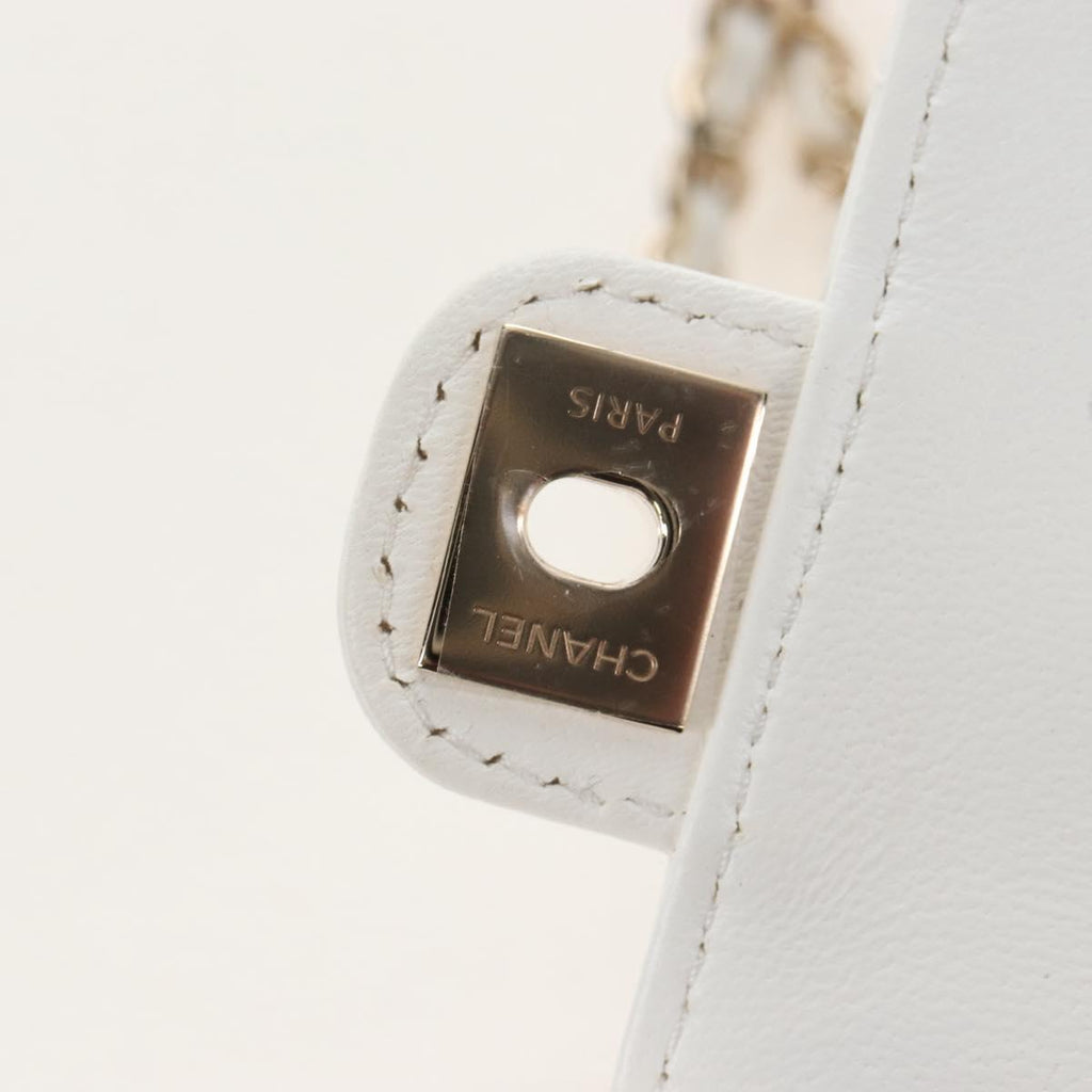 CHANEL Matelasse Chain Shoulder Pouch Lamb Skin White Gold CC Auth 208209M