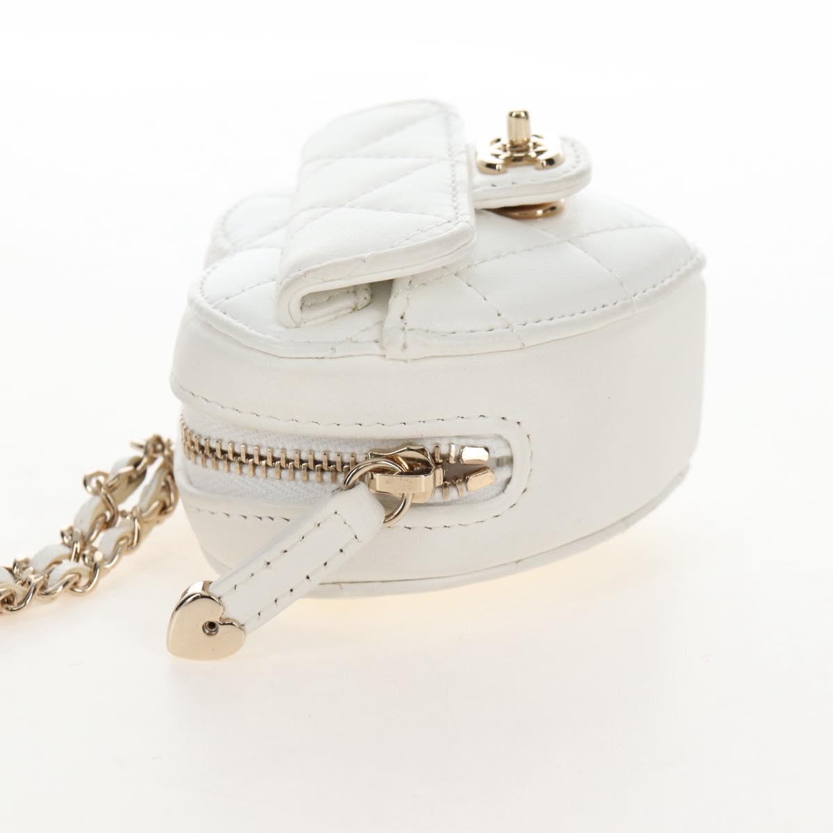 CHANEL Matelasse Chain Shoulder Pouch Lamb Skin White Gold CC Auth 208209M