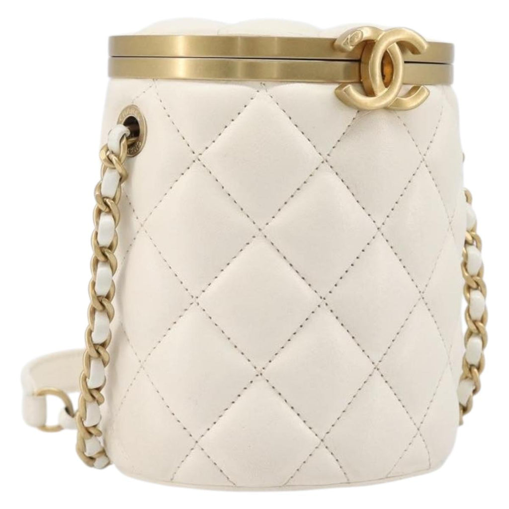 CHANEL Matelasse Chain Vanity Shoulder Bag Lamb Skin Ivory Gold CC Auth 208213M