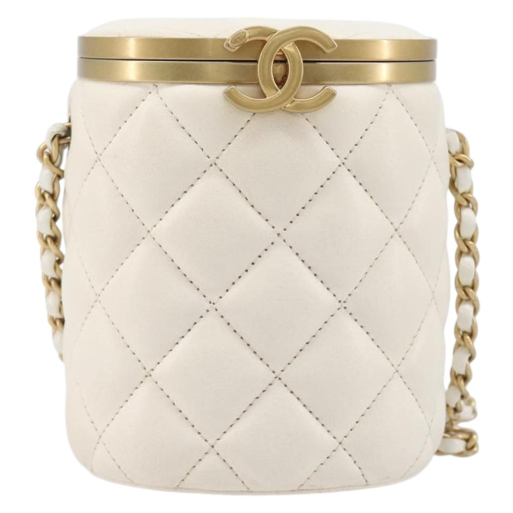 CHANEL Matelasse Chain Vanity Shoulder Bag Lamb Skin Ivory Gold CC Auth 208213M