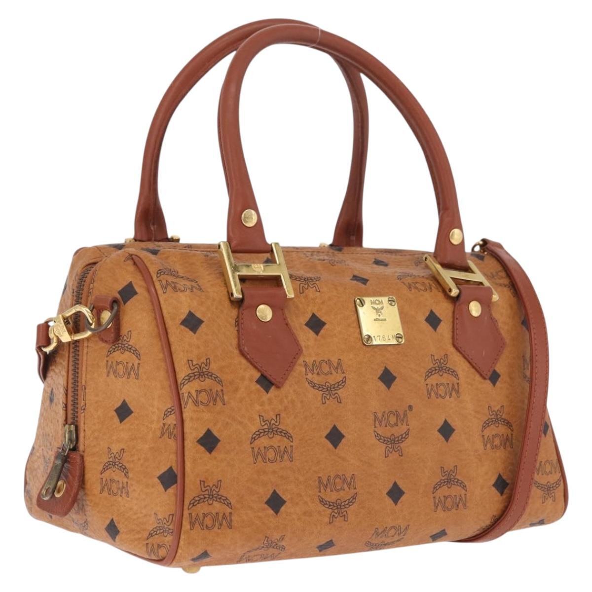 MCM Logogram Vicetos Boston Bag PVC Leather 2way Brown Gold Auth 208266A