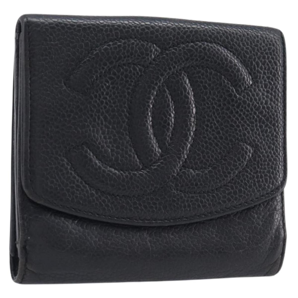 CHANEL Wallet Caviar Skin Black Gold CC Auth 208447
