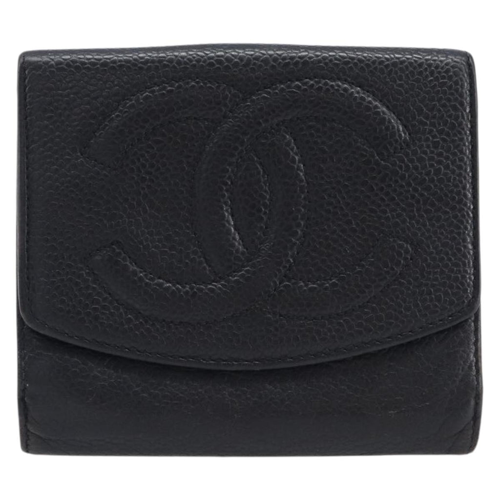 CHANEL Wallet Caviar Skin Black Gold CC Auth 208447