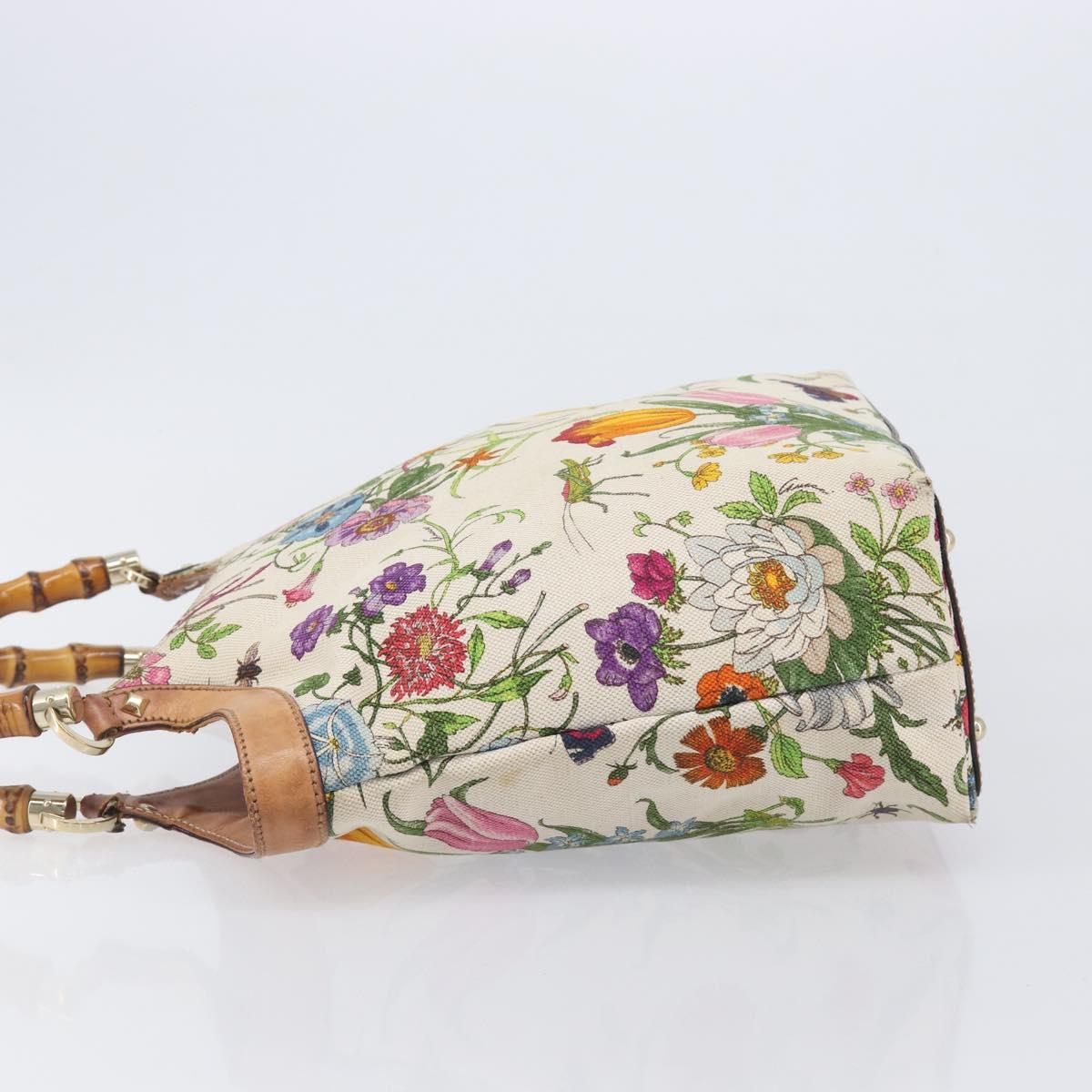 GUCCI Bamboo Flora Hand Bag Canvas Beige Gold Tone 137394 Auth 209161
