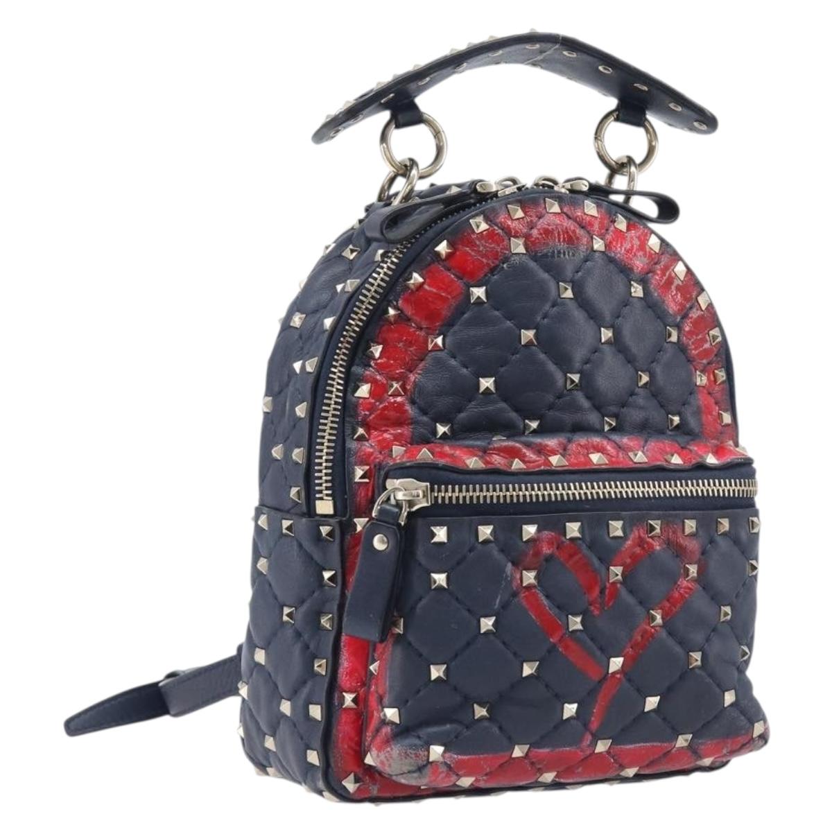 Valentino Studs Backpack Leather Navy Gold Tone Auth 209184