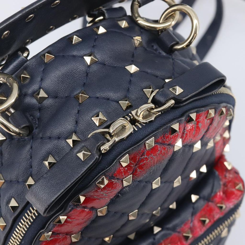 Valentino Studs Backpack Leather Navy Gold Tone Auth 209184