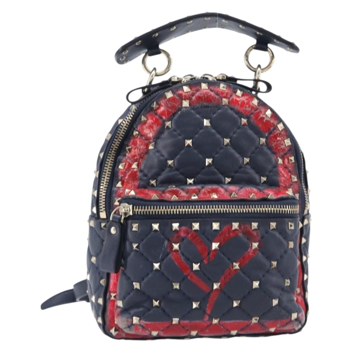Valentino Studs Backpack Leather Navy Gold Tone Auth 209184