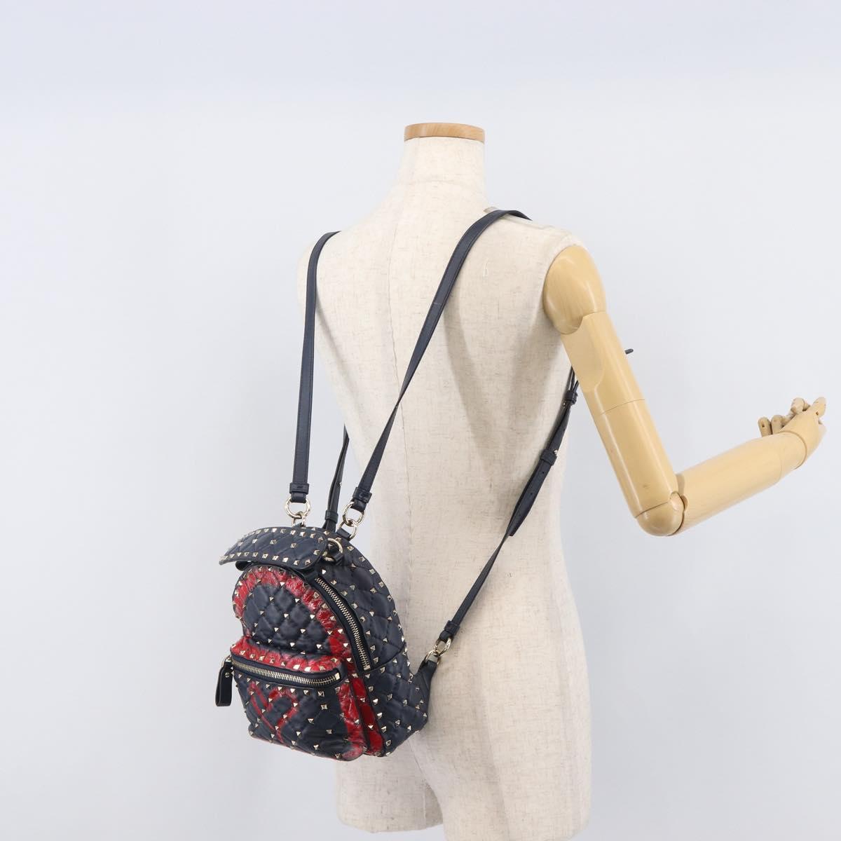 Valentino Studs Backpack Leather Navy Gold Tone Auth 209184