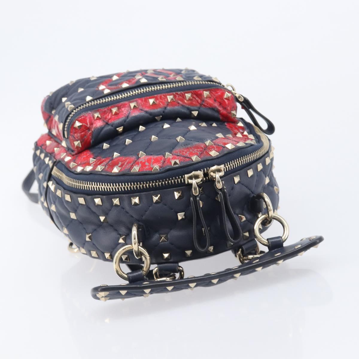 Valentino Studs Backpack Leather Navy Gold Tone Auth 209184