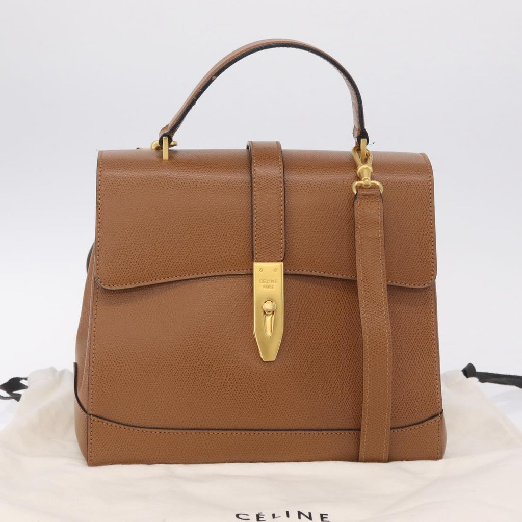 CELINE Hand Bag Leather 2way Brown Gold Auth 209392V
